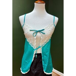 Vintage Lace Cami Top Teal Green Sleeveless Tie Front Lingerie